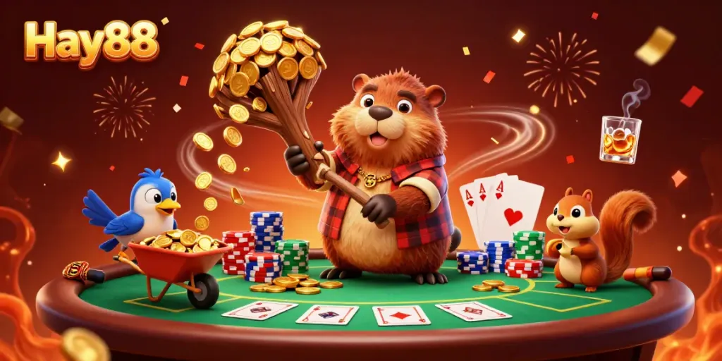 Experience thrilling gaming at Hay88 with vibrant characters celebrating wins at a poker table.