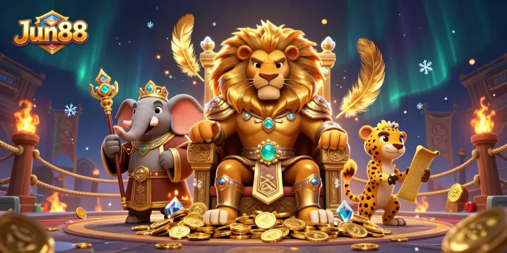 Experience thrilling gameplay at Jun88 with a vibrant 3D casino scene showcasing a lion king and royal gaming elements.