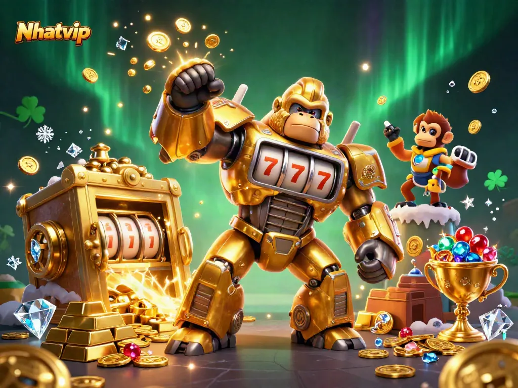 Nhatvip gorilla mech celebrates jackpots with treasures and vibrant casino elements.