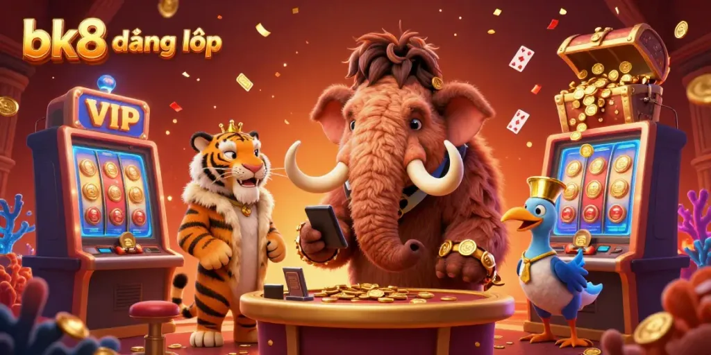 Engage with bk8 đăng nhập at a vibrant casino scene, featuring a woolly mammoth bouncer and VIP guests amidst slot machine excitement.