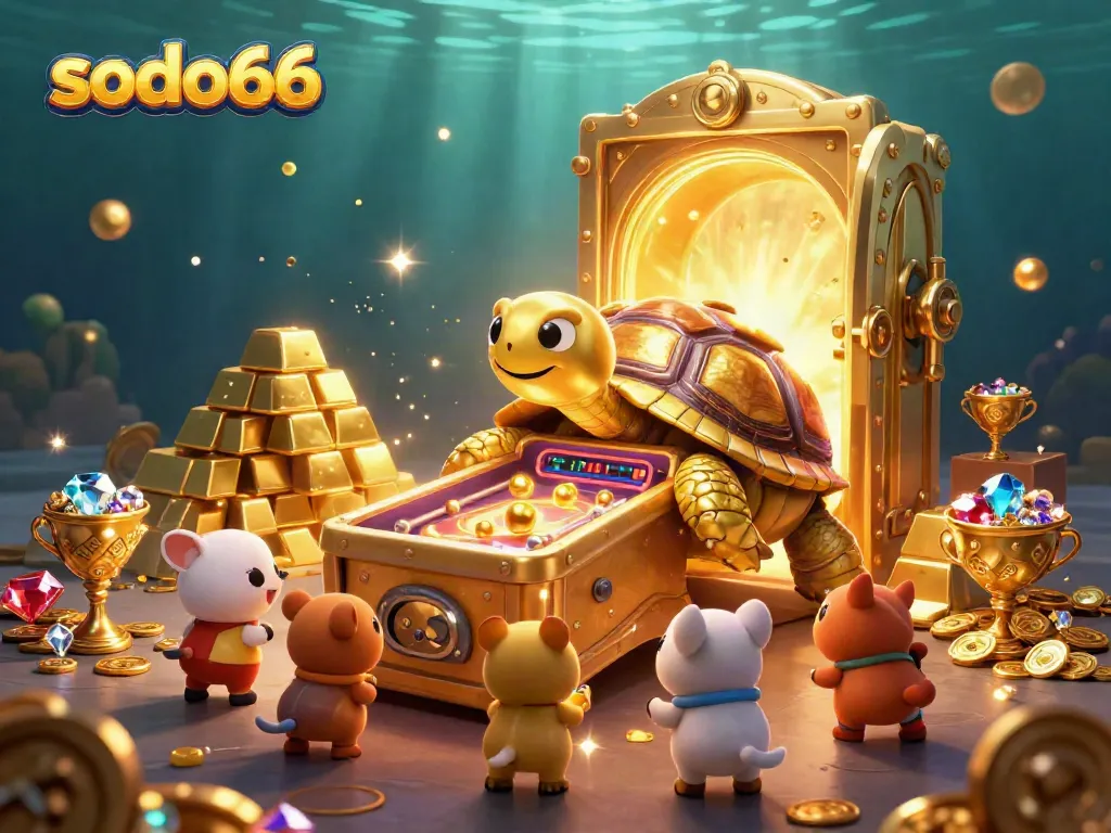 Spin the thrilling world of sodo66 with a vibrant array of sparkling gems, treasures, and a unique pinball tortoise.