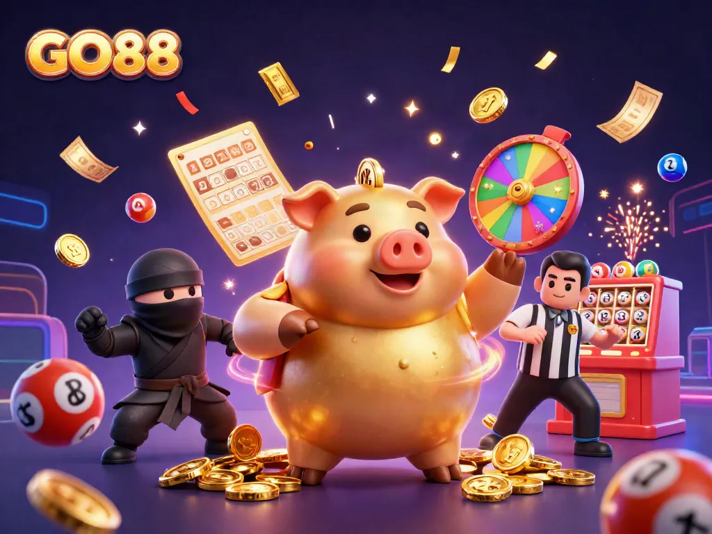 Watch the GO88 golden piggy bank sumo wrestler shake loose coins while celebrating casino wins.
