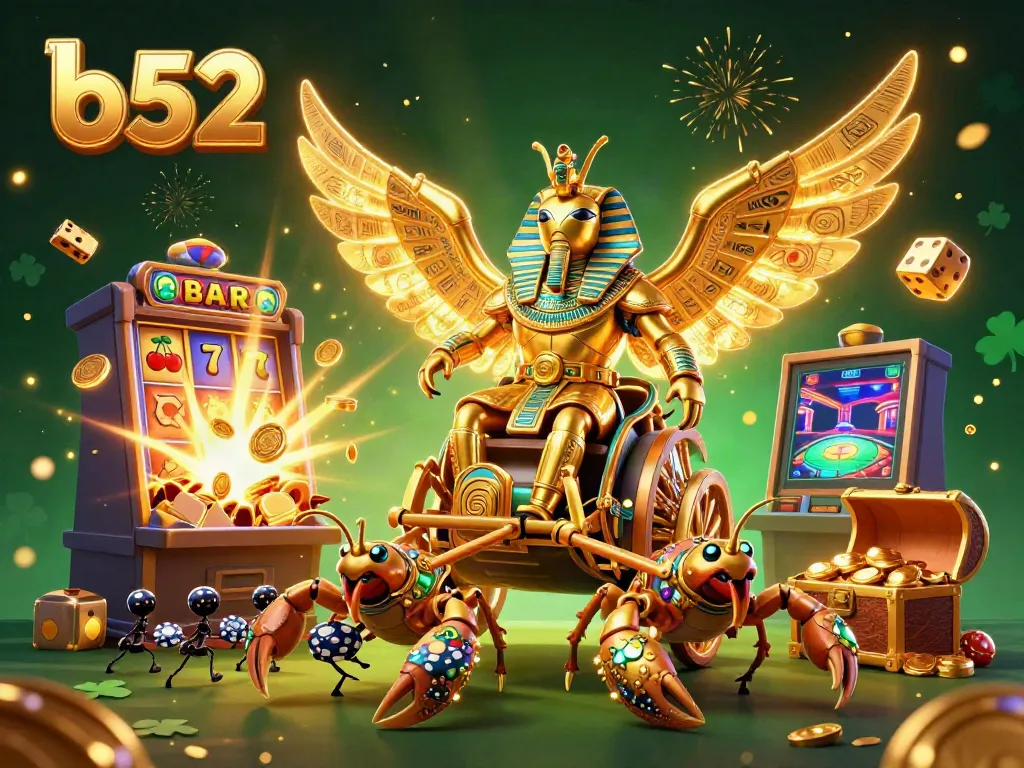 Experience thrilling jackpots with b52 in a vibrant 3D casino illustration showcasing a colossal scarab and high-stakes excitement.