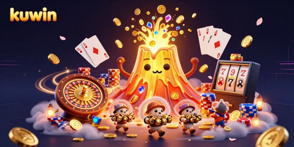Kuwin casino themed scene with a golden volcano erupting coins and gems, showcasing thrilling gambling elements.