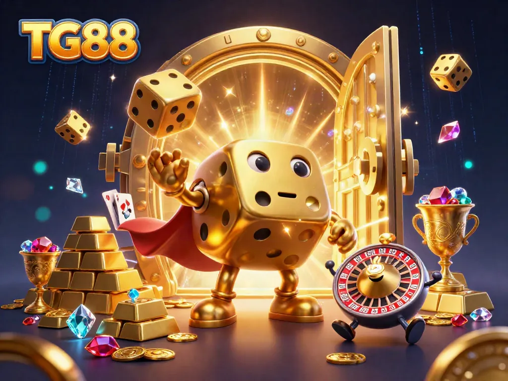 Witness the TG88 dice golem juggling golden dice in a vibrant casino universe.
