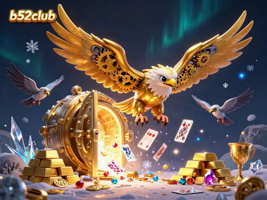 B52clubb showcases a dynamic 3D casino scene featuring a cybernetic golden eagle amidst a treasure explosion, capturing the essence of gaming excitement.