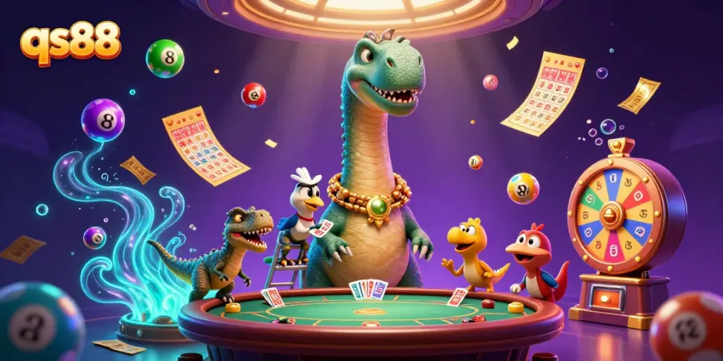 qs88 casino illustration featuring animated dinosaur characters interacting at a poker table.