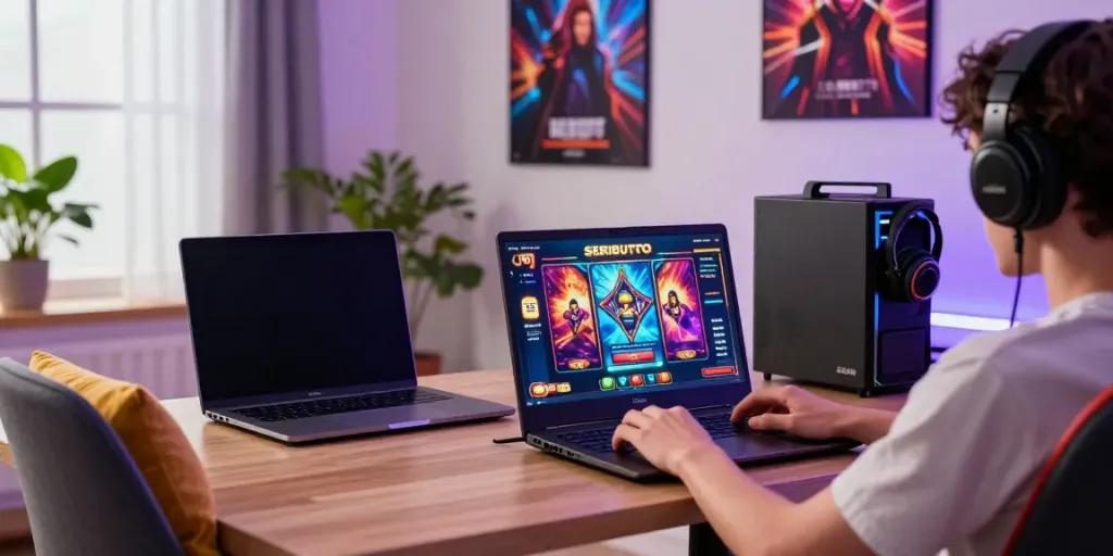 Engaging SERIBUTOTO daftar gaming setup with a player using a laptop and smartphone in a cozy home.