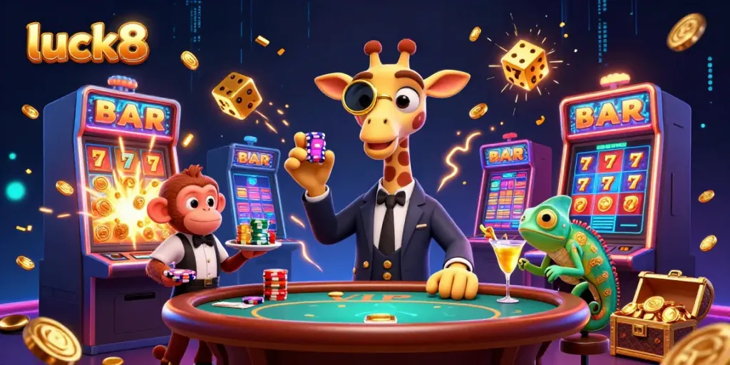 Experience the thrill of luck8 with a high-roller giraffe at a festive casino scene filled with jackpots.