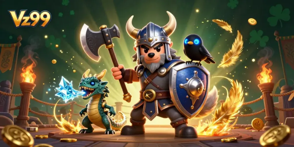 Experience thrilling Vz99 action in a dynamic 3D casino illustration with vibrant characters.