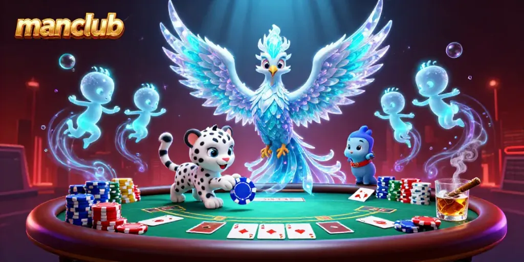 Experience the excitement of manclub poker gaming with a dynamic illustration featuring magical characters and vibrant casino elements.