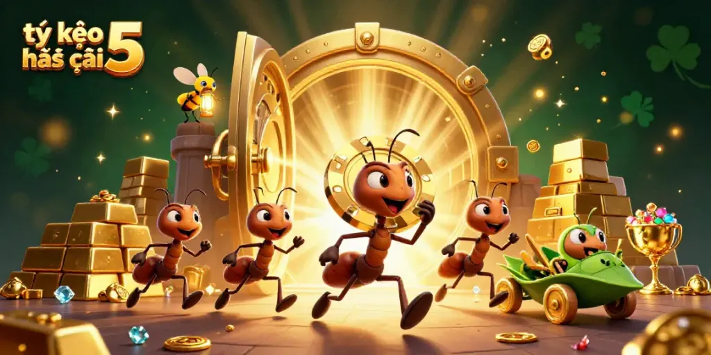 Team of ants carrying oversized golden chip under lantern amidst shiny treasures, tỷ lệ kèo nhà cái 5 scene.