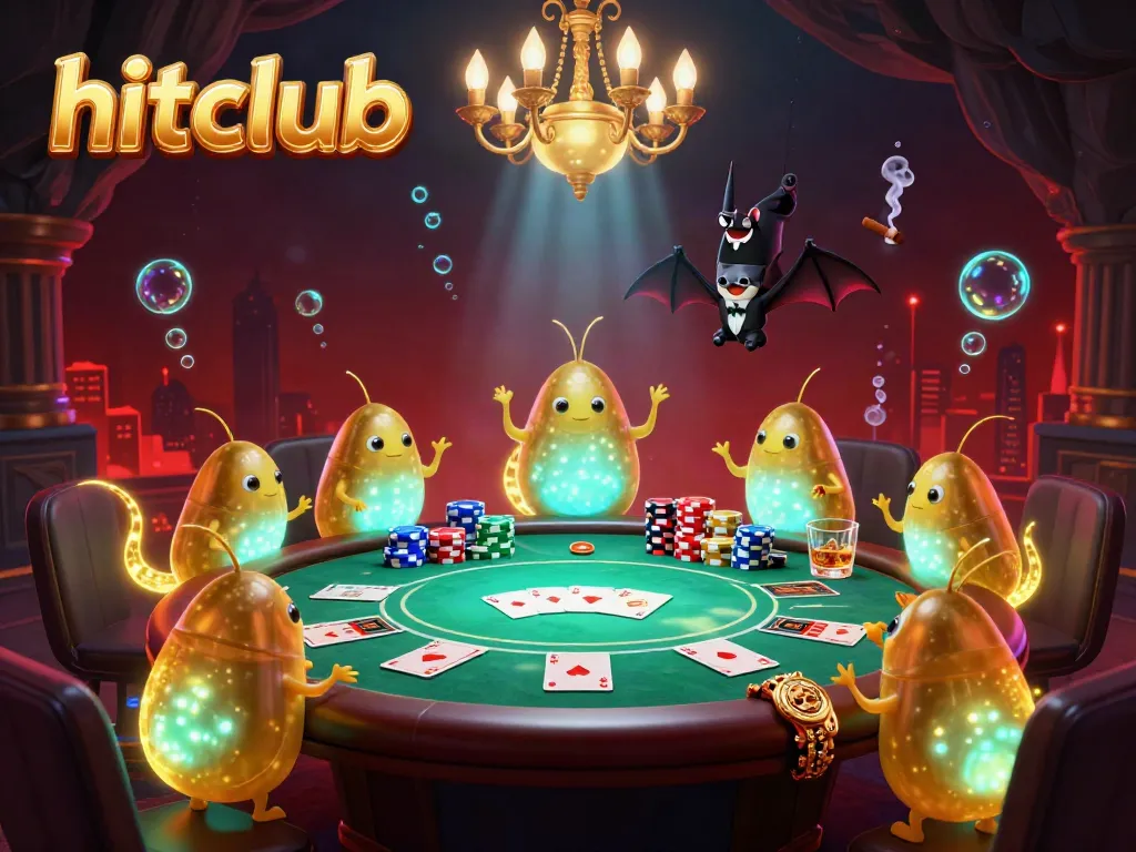hitclub casino scene with glowworms as chandeliers and a bat dealer illuminating a vibrant poker game.