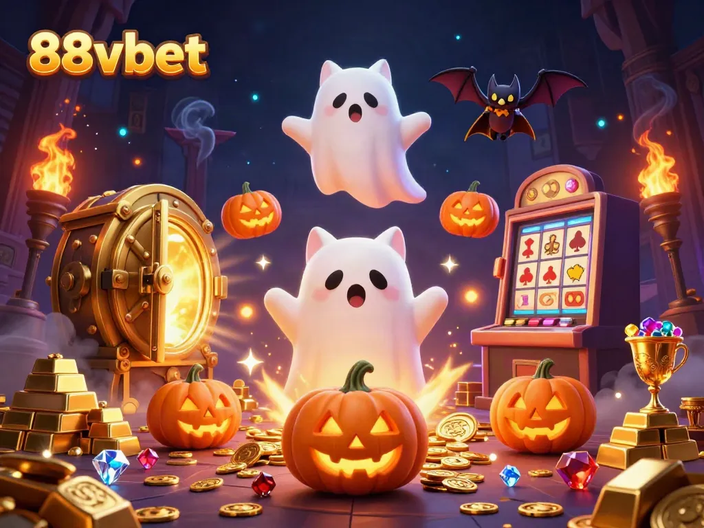 Experience the vibrant world of 88vbet with a ghost cat and vampire bat in a haunted casino.