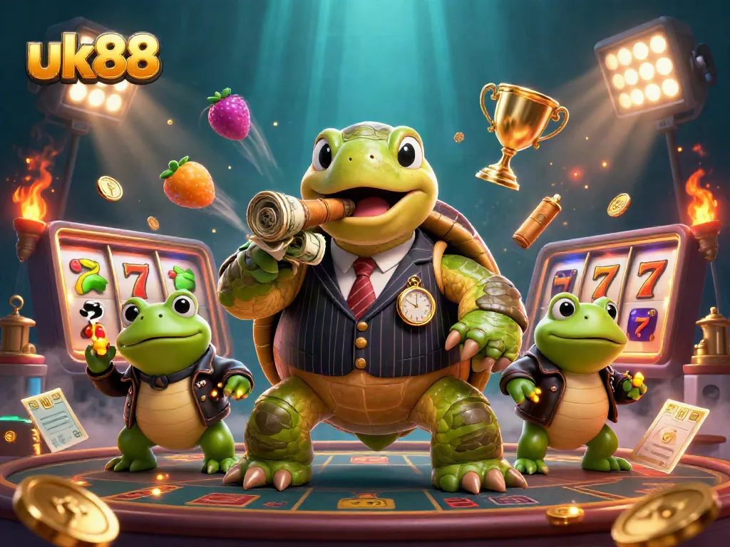 Experience thrilling gameplay at uk88 with a vibrant scene featuring a massive turtle and bullfrog enforcers amidst dynamic slot elements.