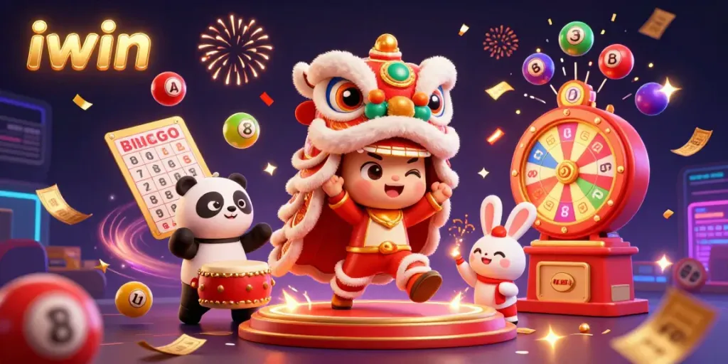 Witness the thrill of Iwin casino with a lively 3D scene featuring a lion dance, colorful lottery elements, and energetic characters celebrating.