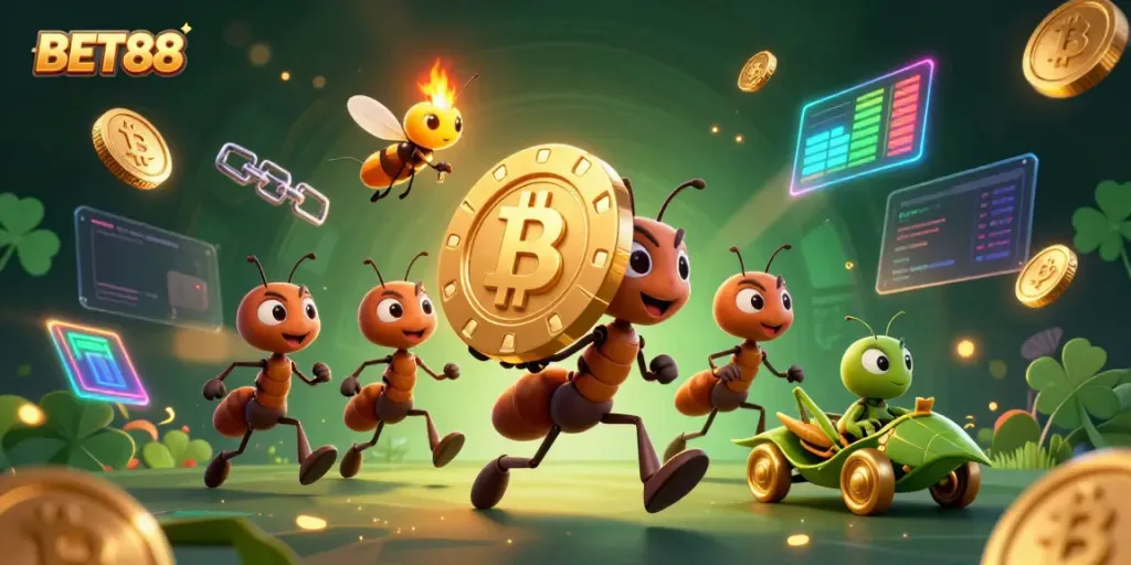 Experience the thrill of BET88 as a team of ants executes a heist with a massive poker chip, surrounded by cryptocurrency elements.