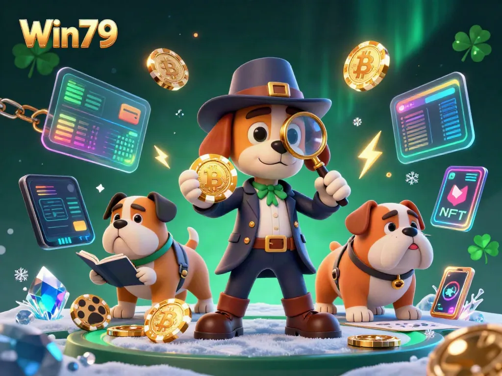 Win79 showcases a detective and bulldog exploring poker clues amid neon cryptocurrency elements.