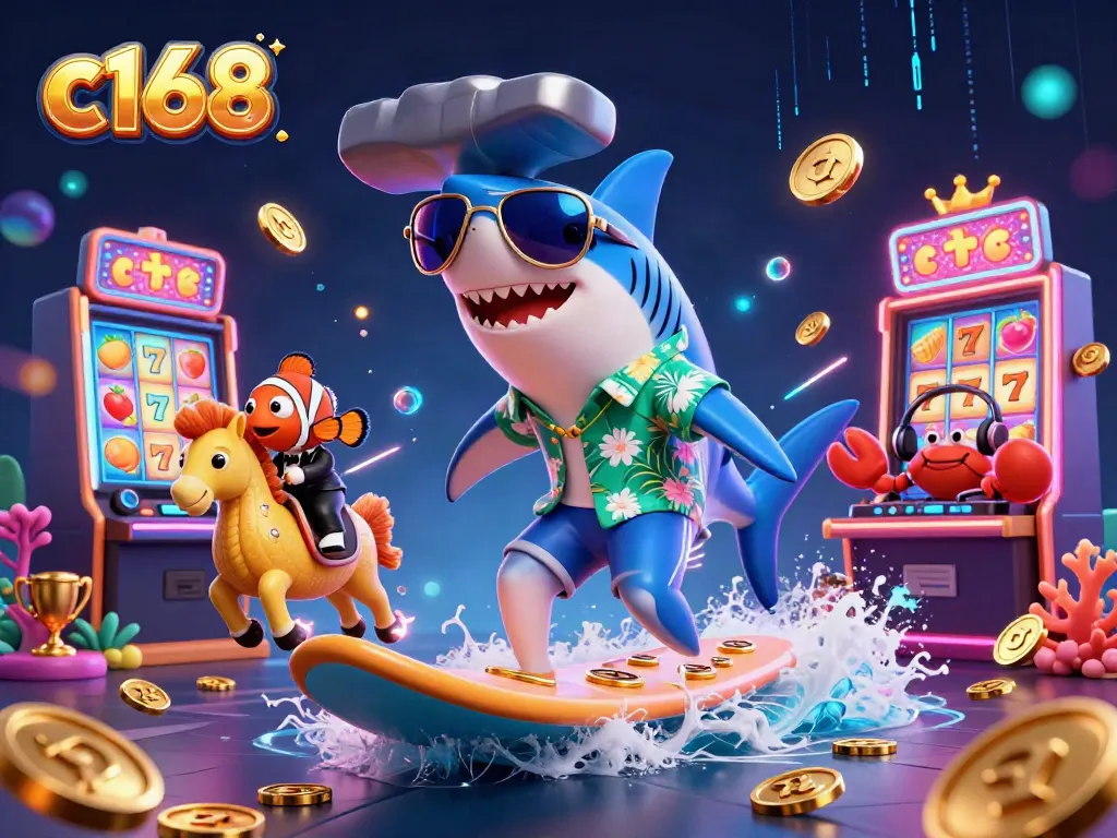 c168 shows a vibrant casino scene with a shark, clownfish, and crab experiencing the thrill of slot games.