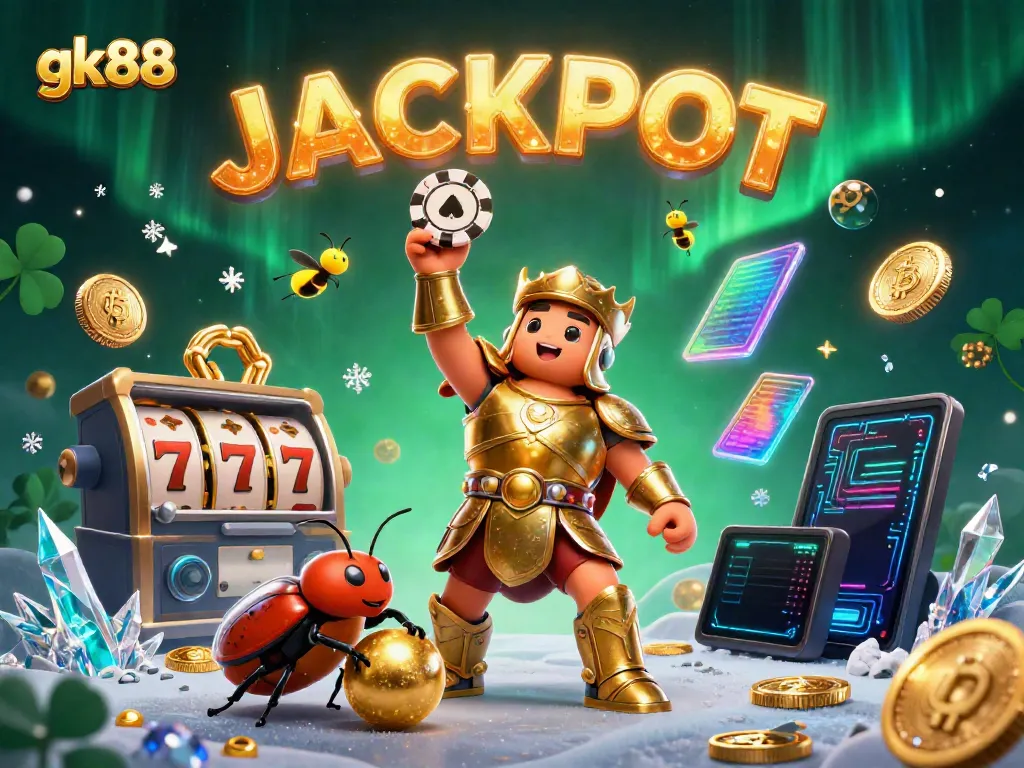 Join the fun at gk88 with a victorious beetle in gold armor lifting a poker chip amidst slots and crypto coins.