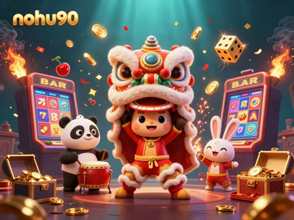 Engage with nohu90's dynamic casino experience featuring a lion dance, jackpot excitement, and vibrant decorations.