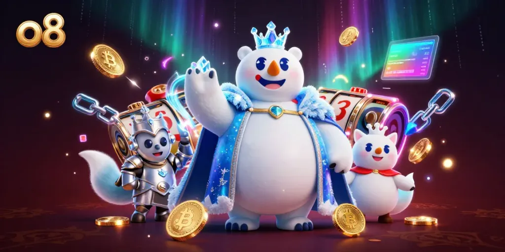 Spin and win at o8 with a vibrant 3D collage of a royal polar bear king and his fox sidekick, surrounded by dazzling casino elements.
