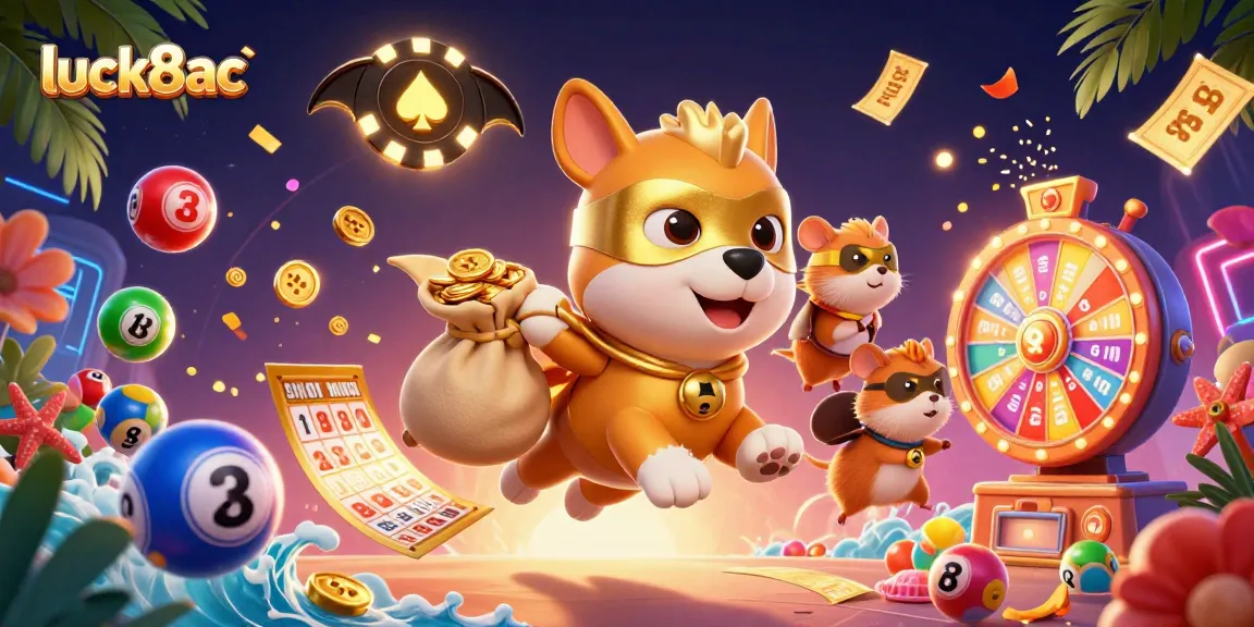 Experience luck8ac casino excitement with a colorful illustration of a superhero dog flying with gold coins and vibrant lottery elements.