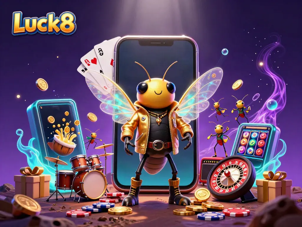 Luck8 showcases a vibrant casino scene with a cicada rock star, beetle drummer, and dynamic golden coins.