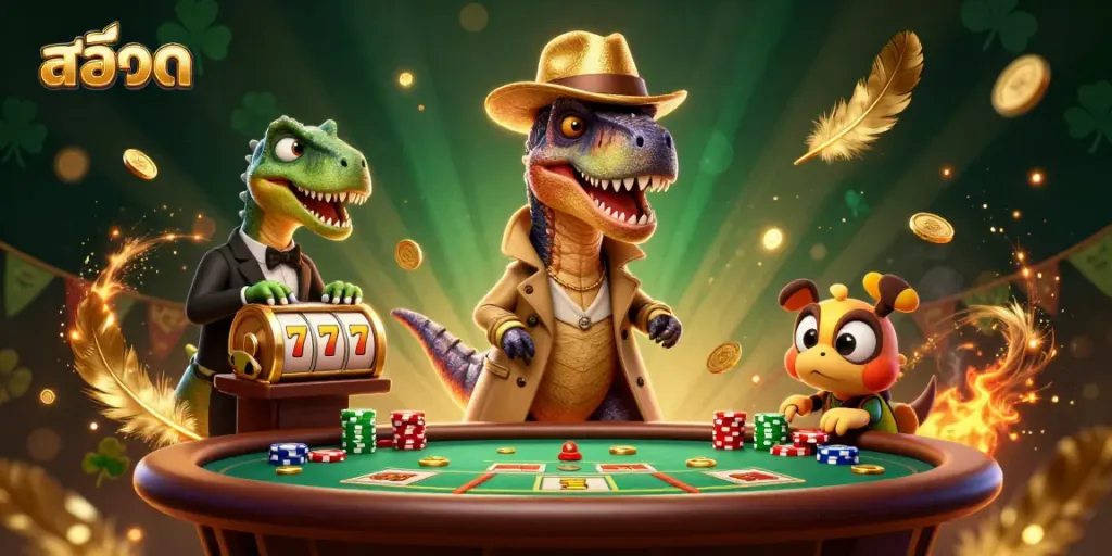 Experience สล็อต excitement with an animated velociraptor card counter at a vibrant blackjack table.