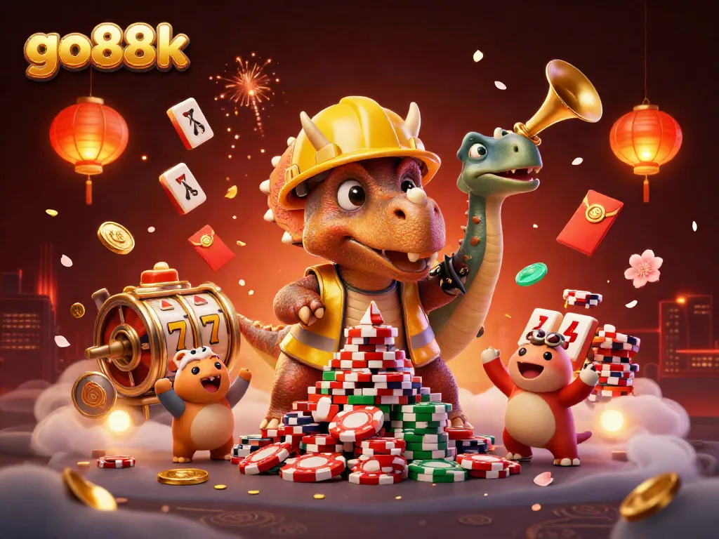 Experience the excitement of go88k with a triceratops building poker chip towers in a dynamic casino scene.