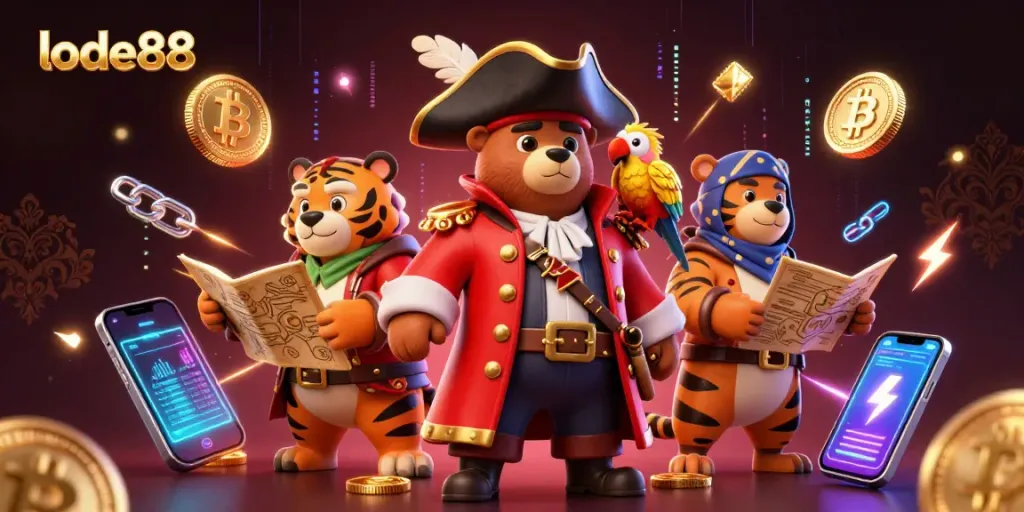 Experience thrilling gameplay with lode88 featuring a pirate captain bear and a fierce tiger exploring crypto treasures.