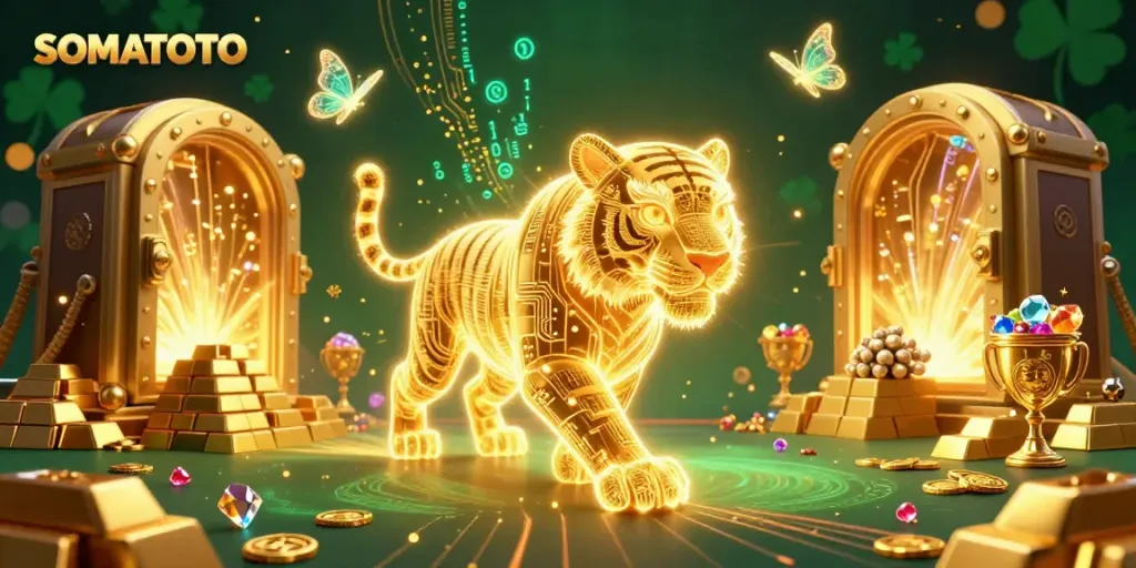Experience the thrill of SOMATOTO in this dynamic digital casino illustration featuring a golden tiger.