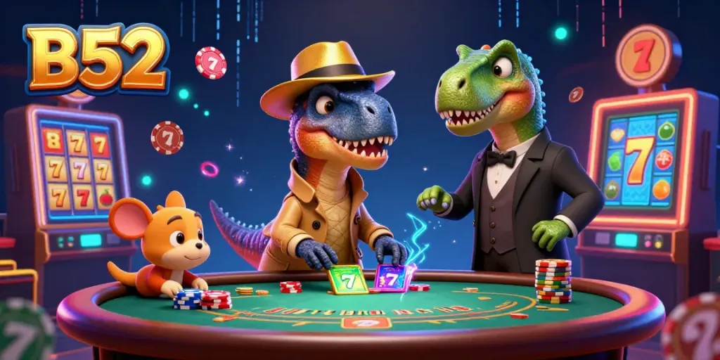 Experience the exciting B52 casino with a velociraptor card counter and stunning slot elements.