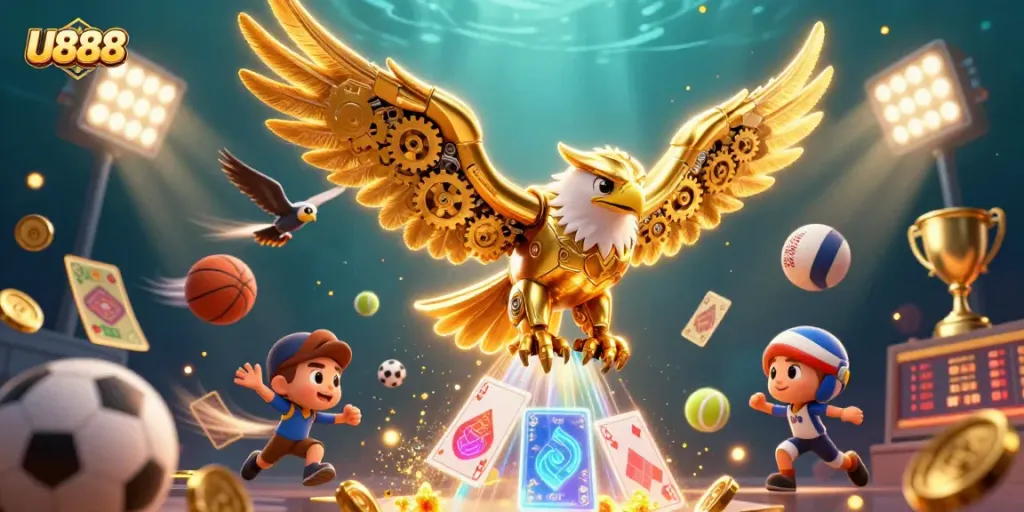 Experience captivating gaming with U888's vibrant 3D casino illustration featuring a dynamic golden eagle and exciting casino elements.