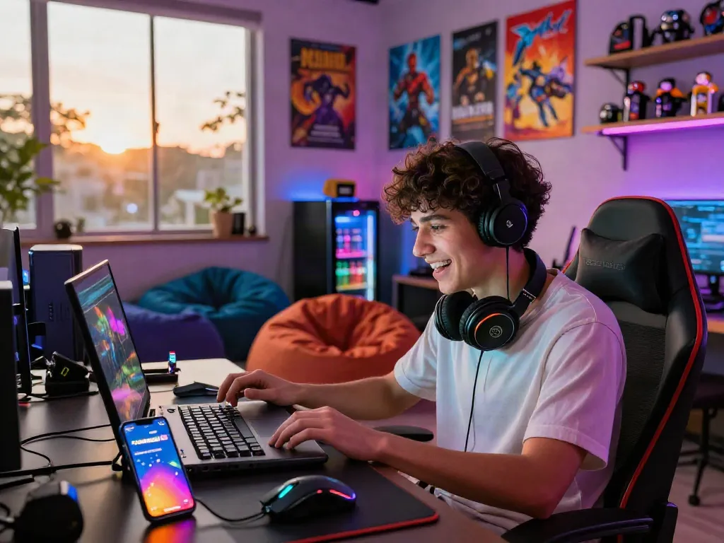 Engaged gamer exploring the warung168 digital marketplace with colorful gaming decor and energetic atmosphere.