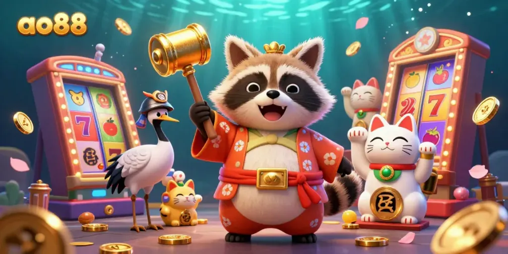 Experience festive luck at ao88 with tanuki and lucky charms in vibrant casino-themed illustration.