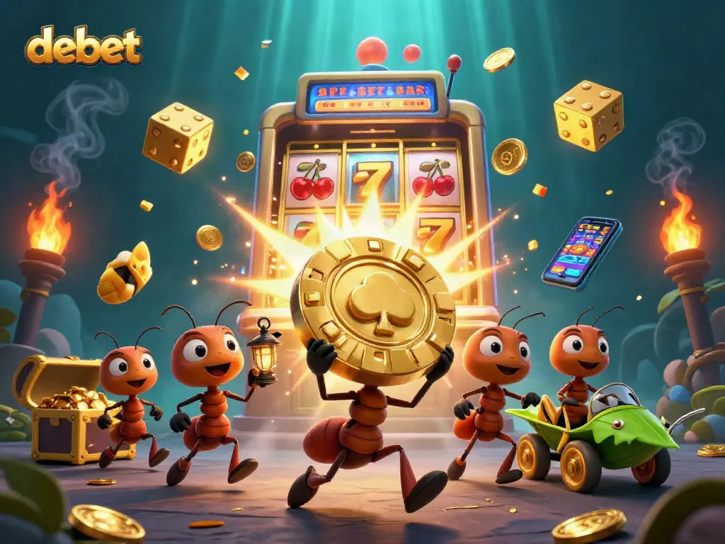 Engaging scene with debet-focused ants stealing a massive poker chip amid casino elements.