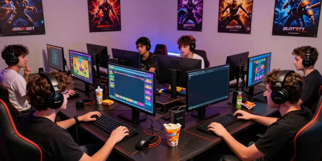 Players engaging in JERUKBET Slot777 games in a vibrant gaming room.