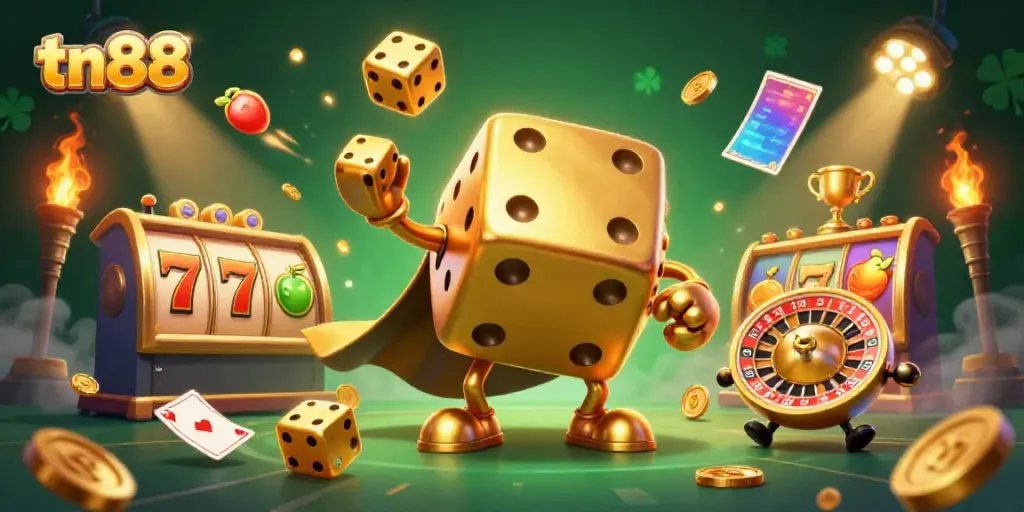 Experience the excitement of tn88 with vibrant golden characters, slot game elements, and dynamic motion.
