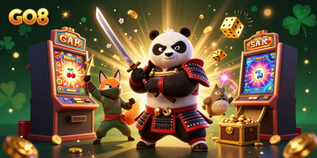 Experience the thrill of GO8 with a vibrant, action-packed casino scene featuring iconic gaming symbols.