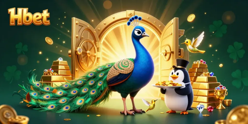 Play exciting games at Hbet with a dazzling casino scene featuring vibrant characters and treasures.