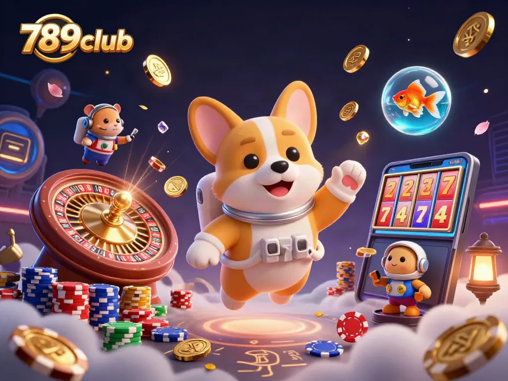 An engaging scene of a 3D cartoon astronaut corgi in a casino, celebrating wins at 789club with colorful gaming elements.