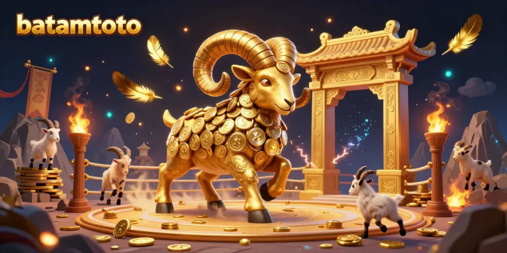 Experience batamtoto's thrilling action with a golden ram charging through a vibrant casino scene.