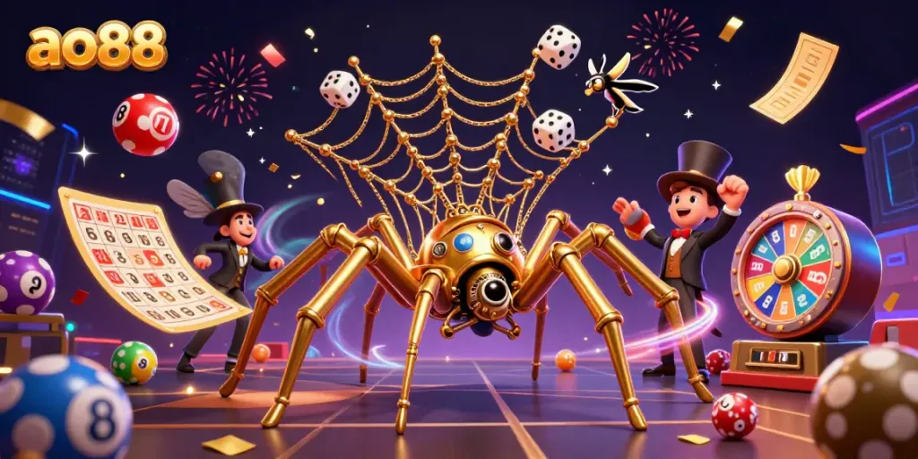 Experience the thrilling action at ao88 with a steampunk spider and vibrant lottery elements.