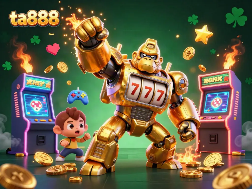 Experience thrilling slots with ta888's golden gorilla mech and colorful game elements.