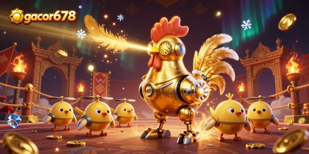 Experience thrilling gameplay and wins with gacor678's vibrant casino adventures featuring a golden rooster robot.