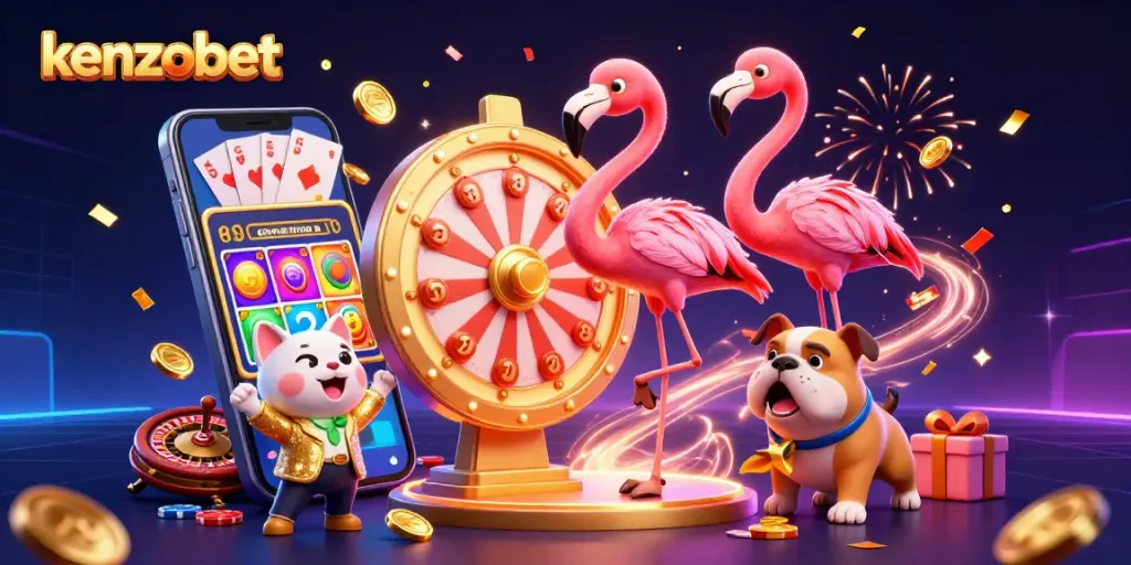 Experience thrill and excitement with kenzobet at this vibrant casino illustration showing game elements.