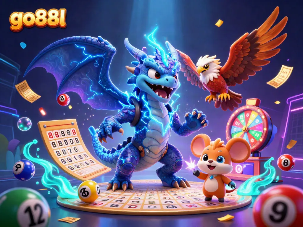 Experience thrilling wins at go88l with dynamic lottery elements and engaging characters in this vibrant 3D scene.