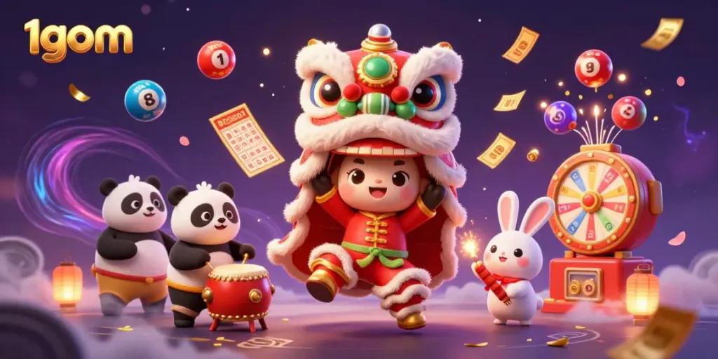Experience the excitement of 1gom with a festive 3D illustration of a Chinese New Year lion dance and gambling elements.