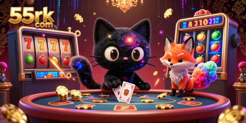 Engage in thrilling gameplay at 55rk com with dazzling slots, vibrant characters, and a cosmic atmosphere.